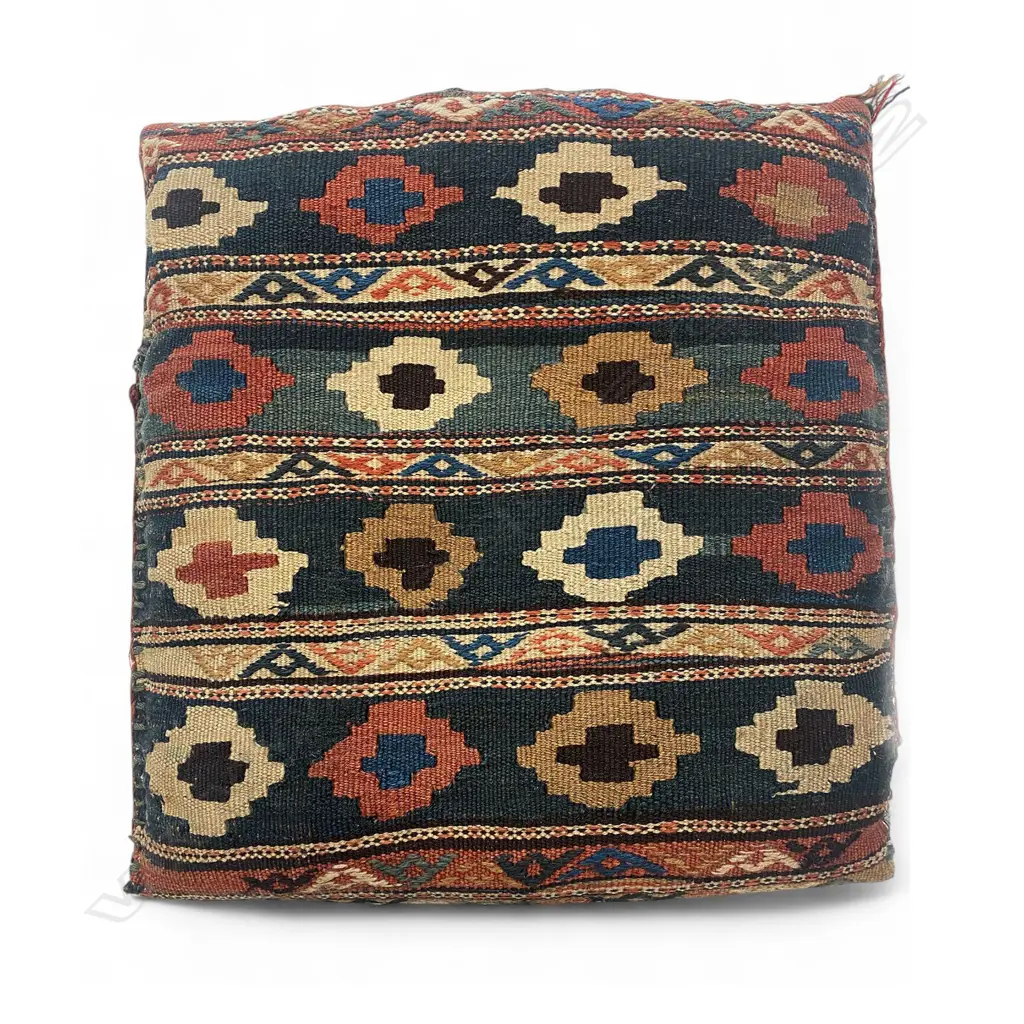 Cushion – wool, - flatweave/embroidery - alternating indigo/cream bands - stepped diamonds with crosses/A-patterns.52.5 x 51cm Image 1++